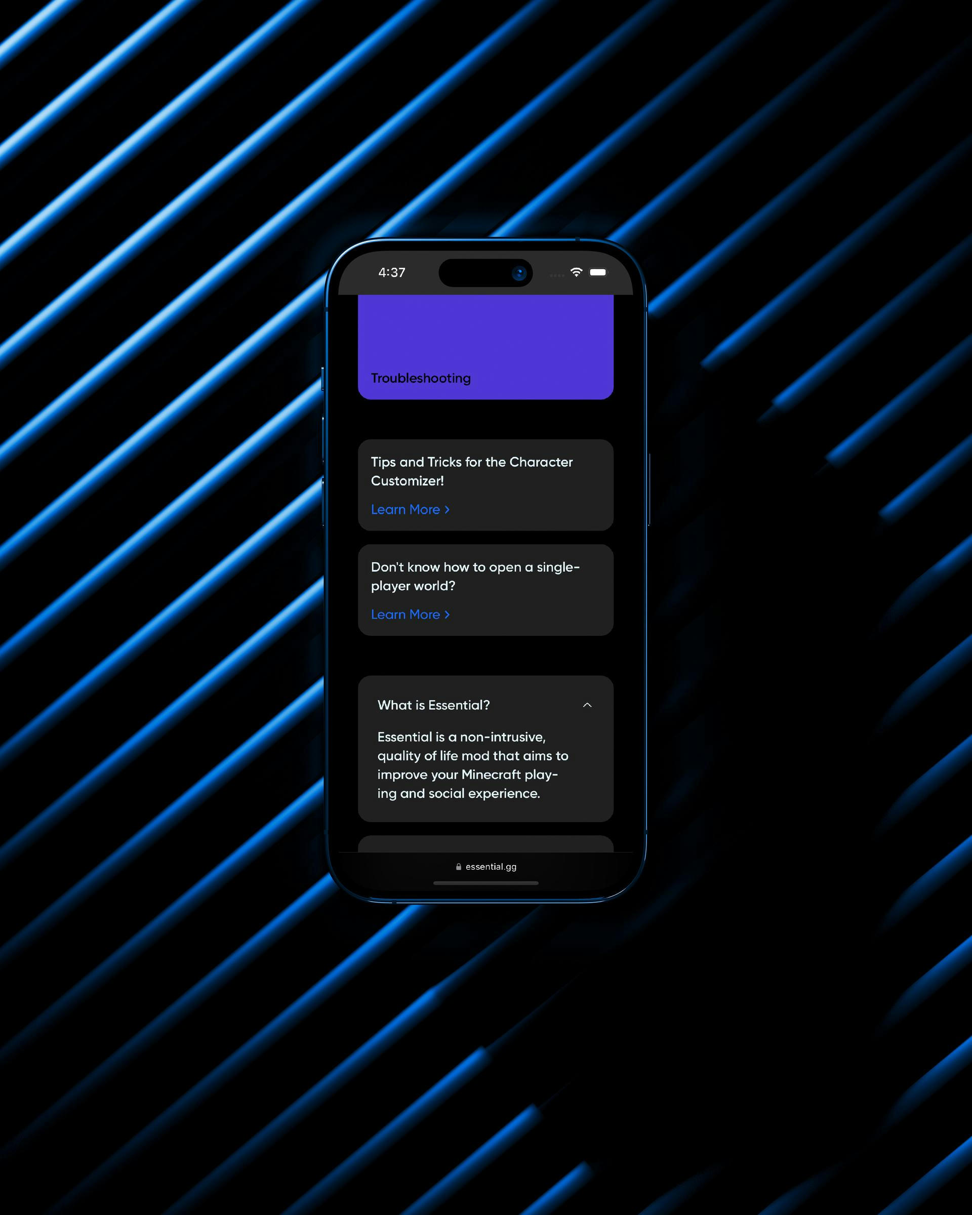 Mobile website mockup of the Essential mod custom-made wiki