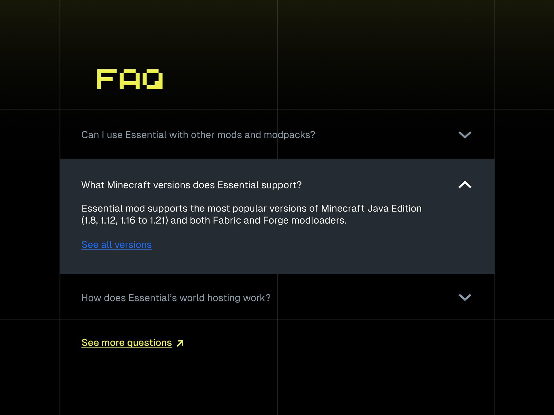 Detailed Preview for the website project that shows the faq section of the Essential Minecraft mod.