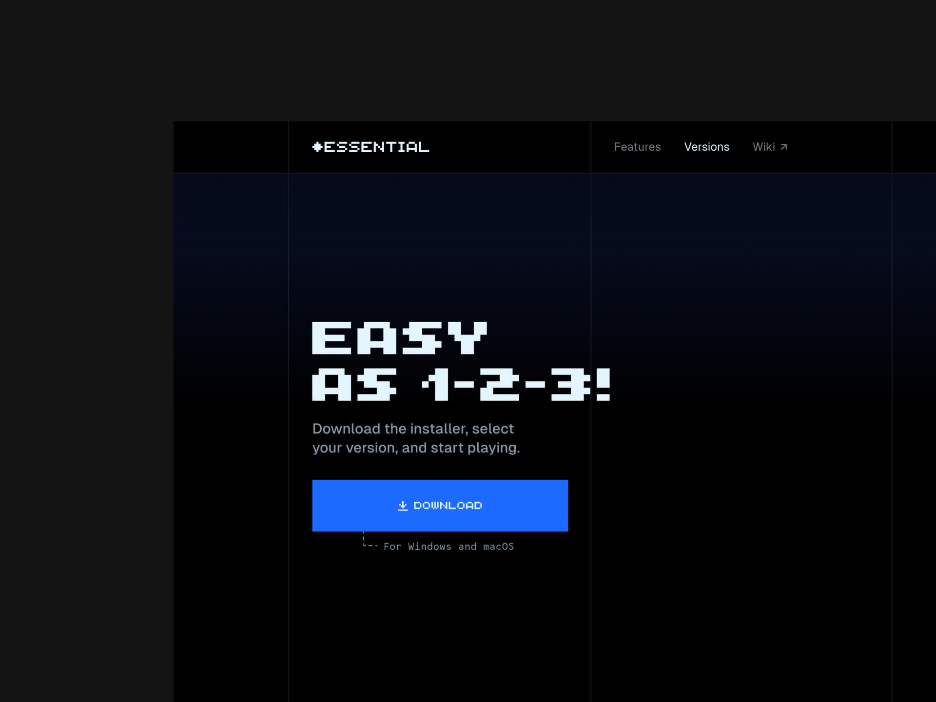 Screen Mockup for the Website Project that shows the main page of the Essential Minecraft mod.