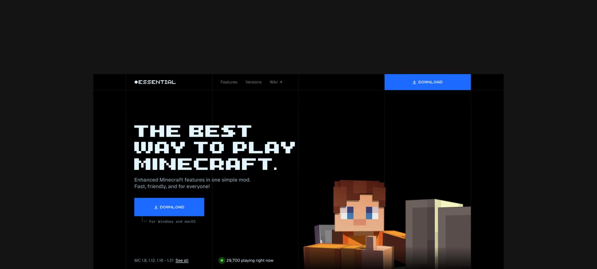 Screen Mockup for the Website Project that shows the main page of the Essential Minecraft mod.