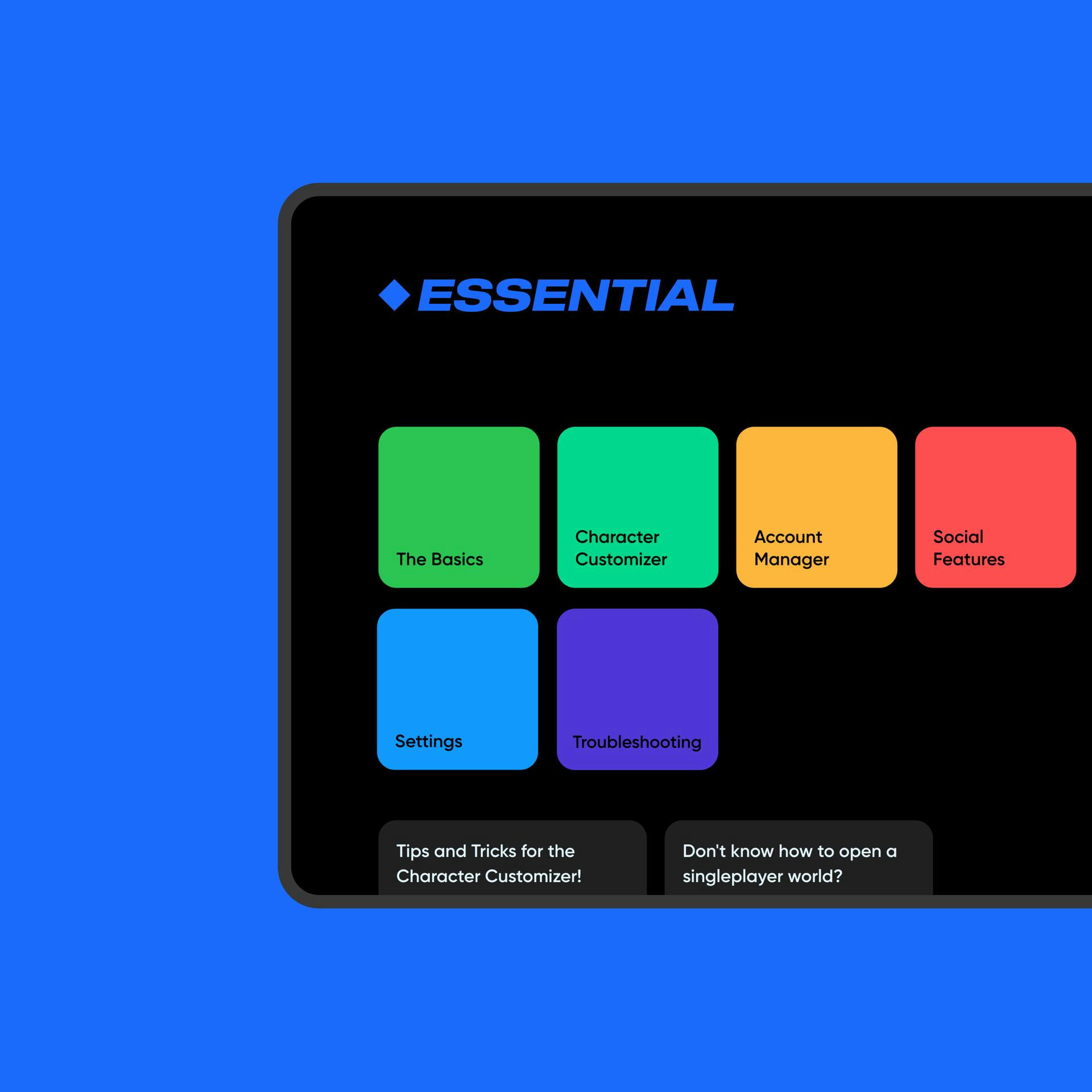 Design mockup of the essential support page.