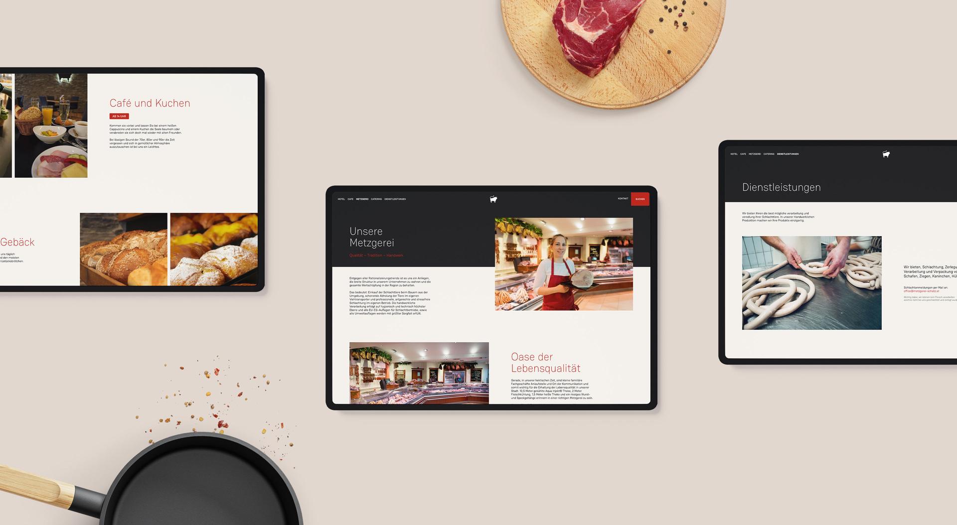 Screen Mockup including some page sections of the Metzgerei Schatz website.
