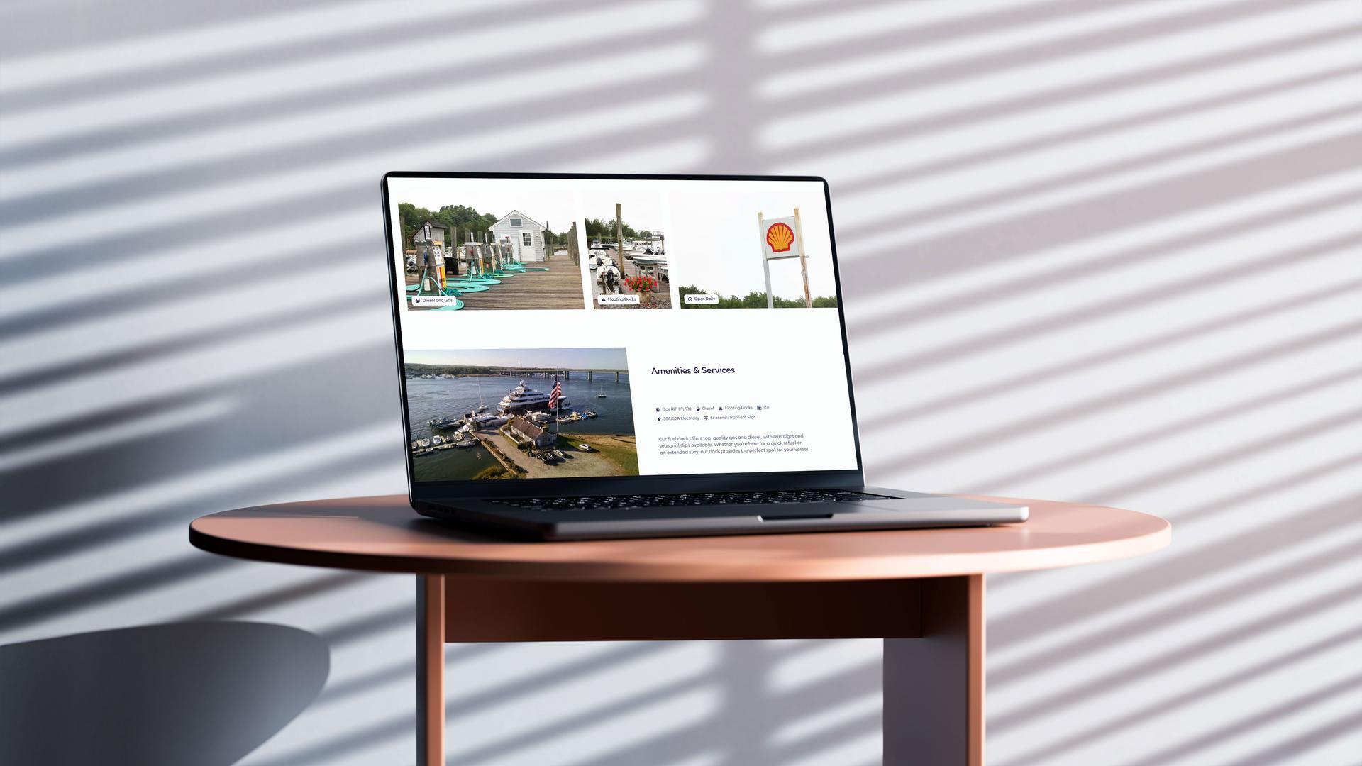 Screen Mockup including some page sections of the Old Lyme Dock Marine fuel website.