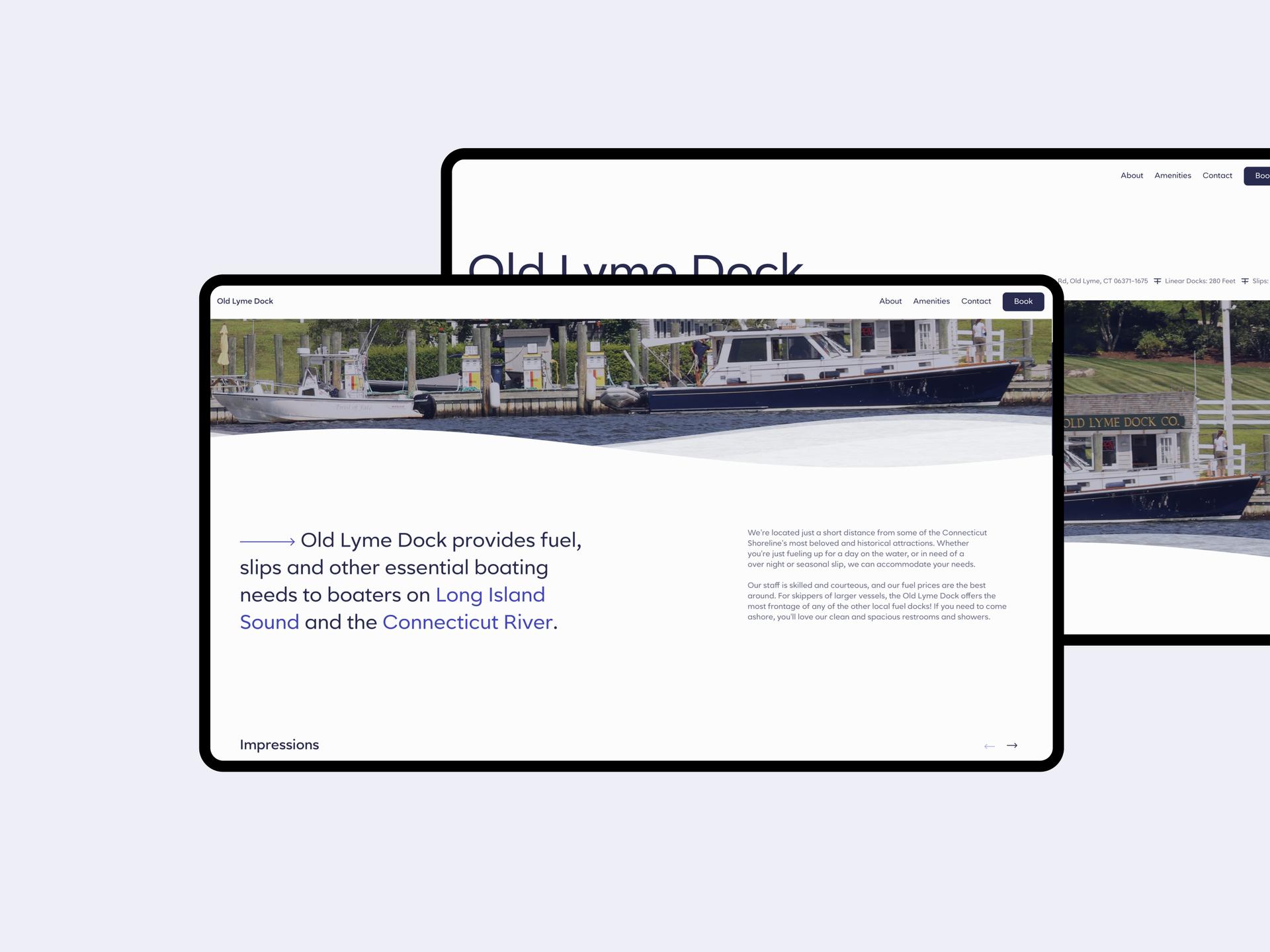 Screen Mockup including some page sections of the Old Lyme Dock Marine fuel website.