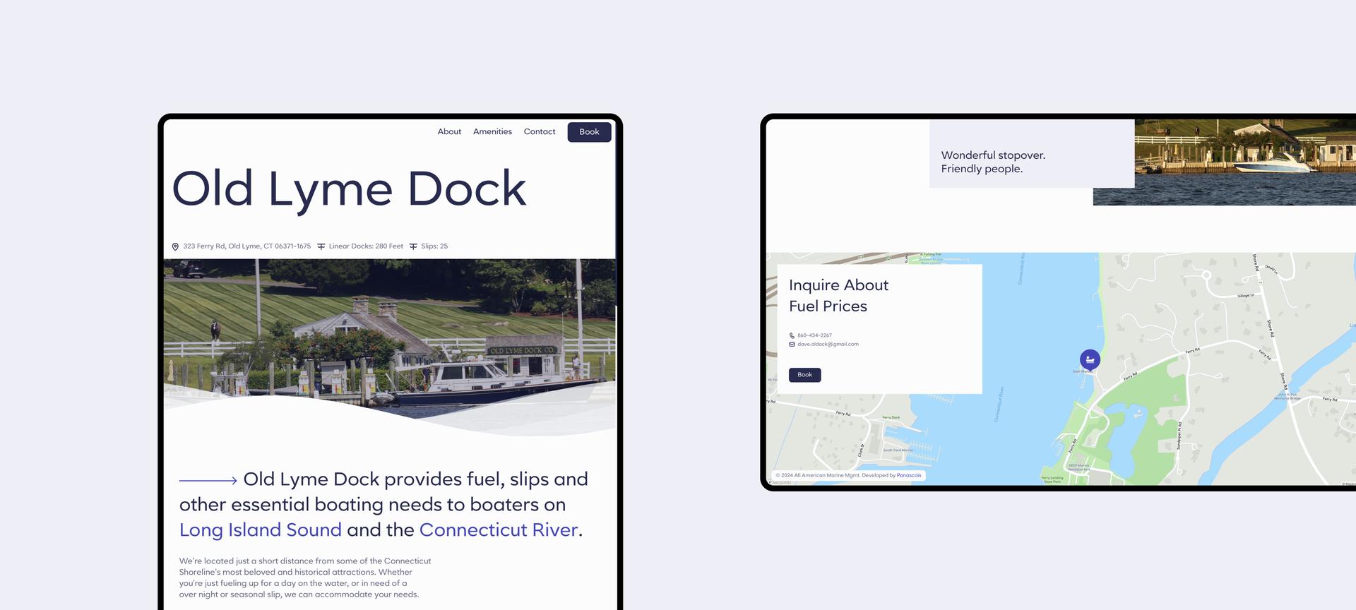 Screen Mockup including some page sections of the Old Lyme Dock Marine fuel website.