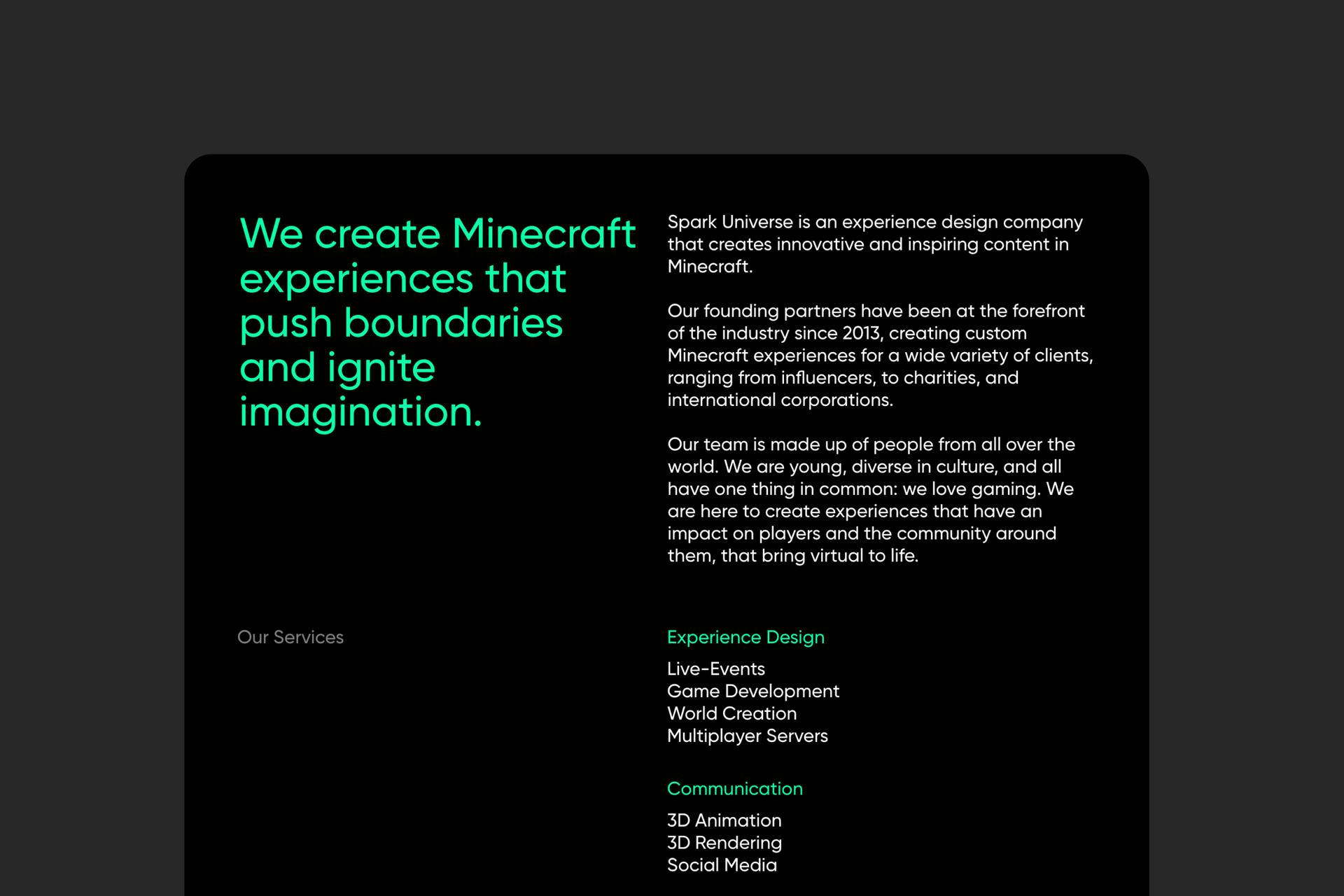 Mockup of the custom-made Spark Universe website developed by Panascais