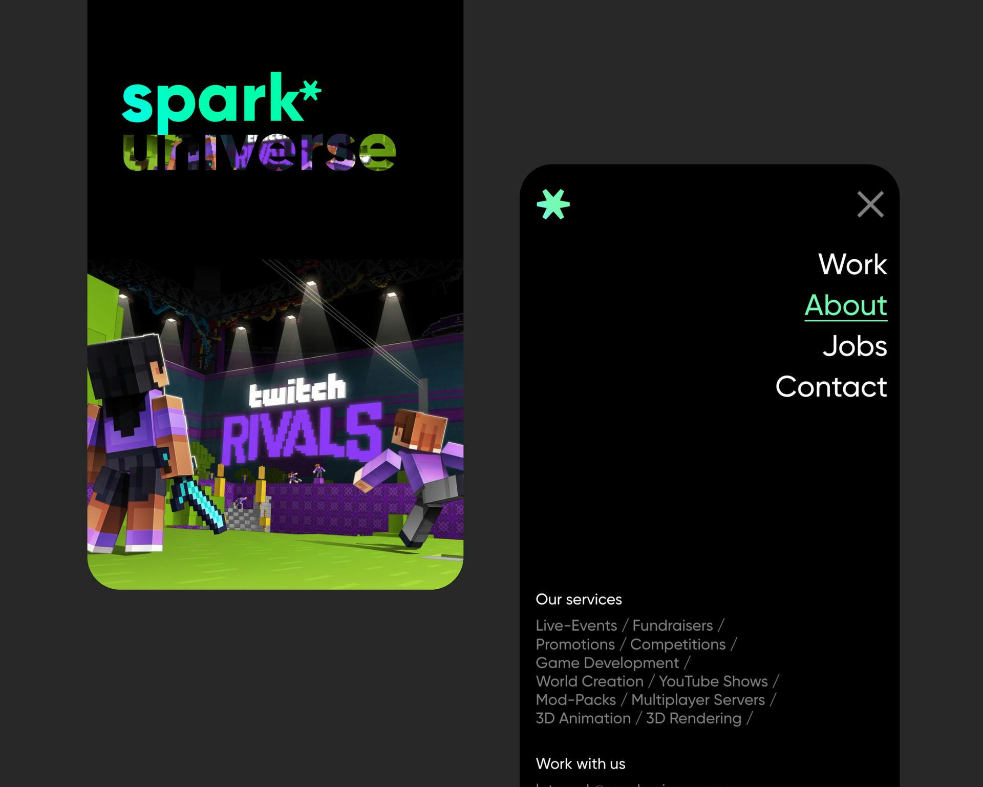 Two mockups of the Spark Universe website project