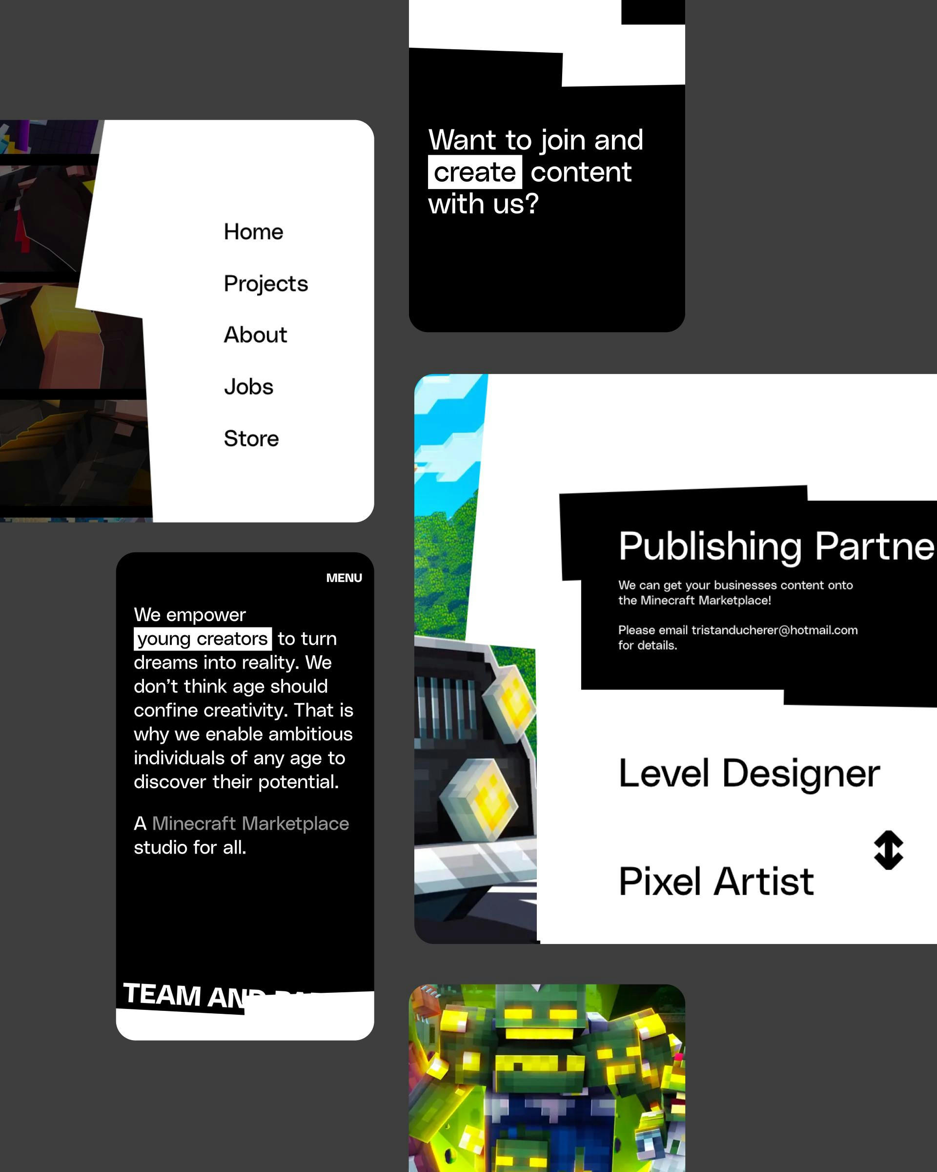Different pages of the Tristan website and their special design elements.